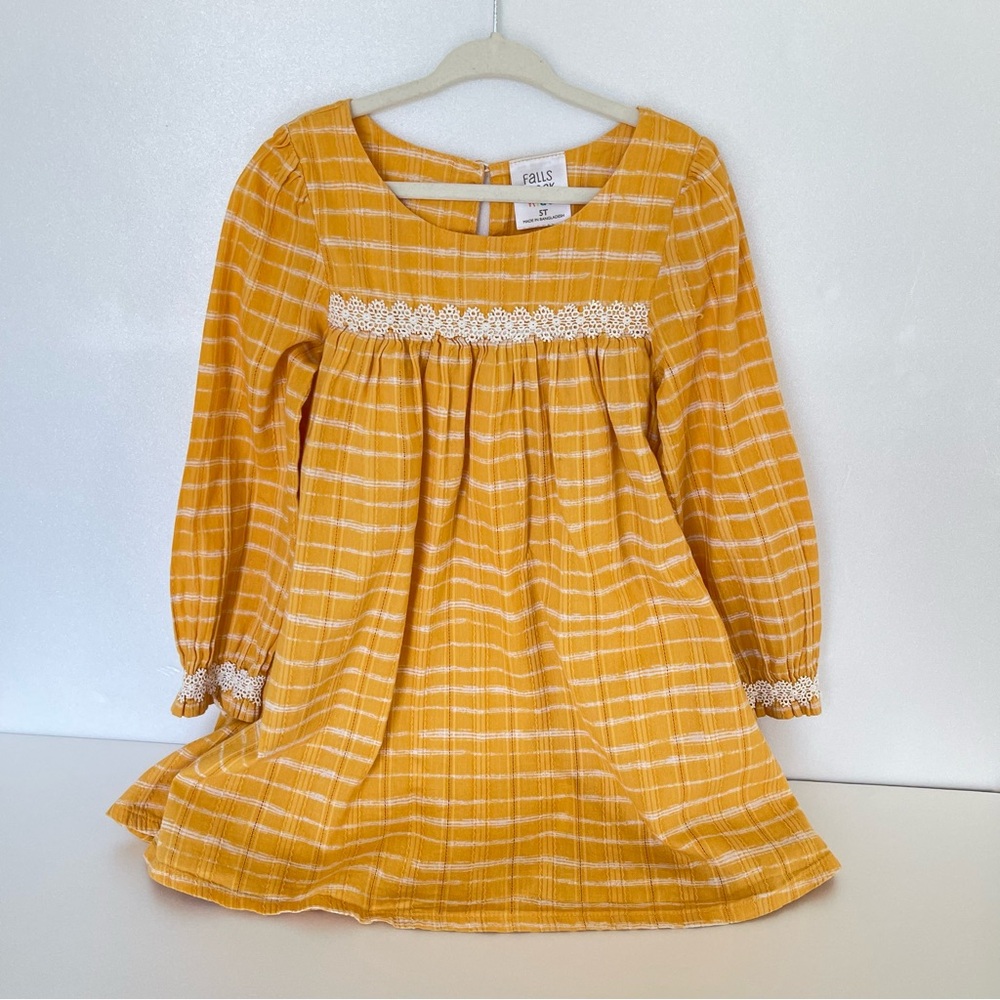 Kids Spring Yellow Plaid Girls Dress with Lace Trim Accents size 5T